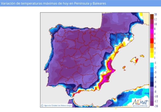 Alerta naranja: la AEMET advierte del riesgo de las altas temperaturas de esta jornada 1 Imagen: Variación de temperaturas previstas para hoy respecto a la última jornada