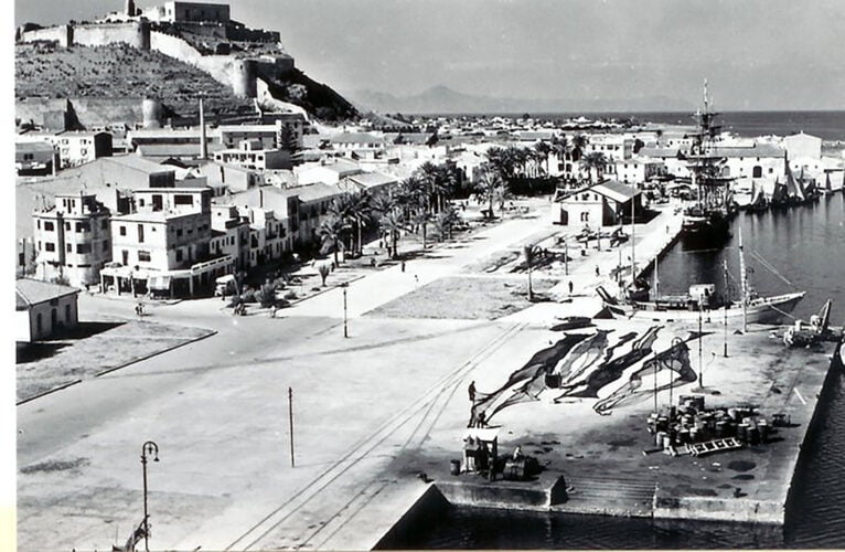 Puerto de Dénia a mediadios del siglo XX, con la lonja al fondo