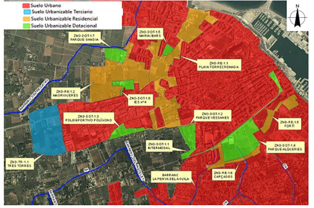 Imagen: Ámbito del PGE en el áea urbana de dénia con indicación de los cauces existentes, en el informe de 2019