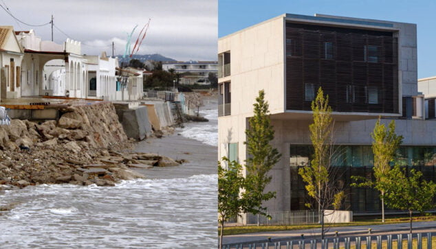 Imatge: Platja de les Deveses, a l'esquerra, i façana de l'hospital, a la dreta