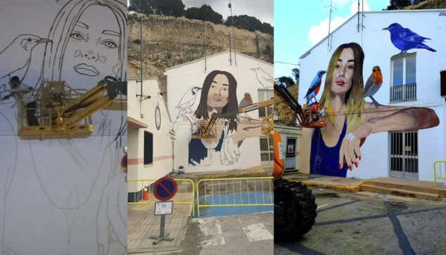 Imagen: Proceso de creación del nuevo mural de Tardor en el edificio de Joventut | Autor de la foto de la derecha: Juan Pedro Pachés