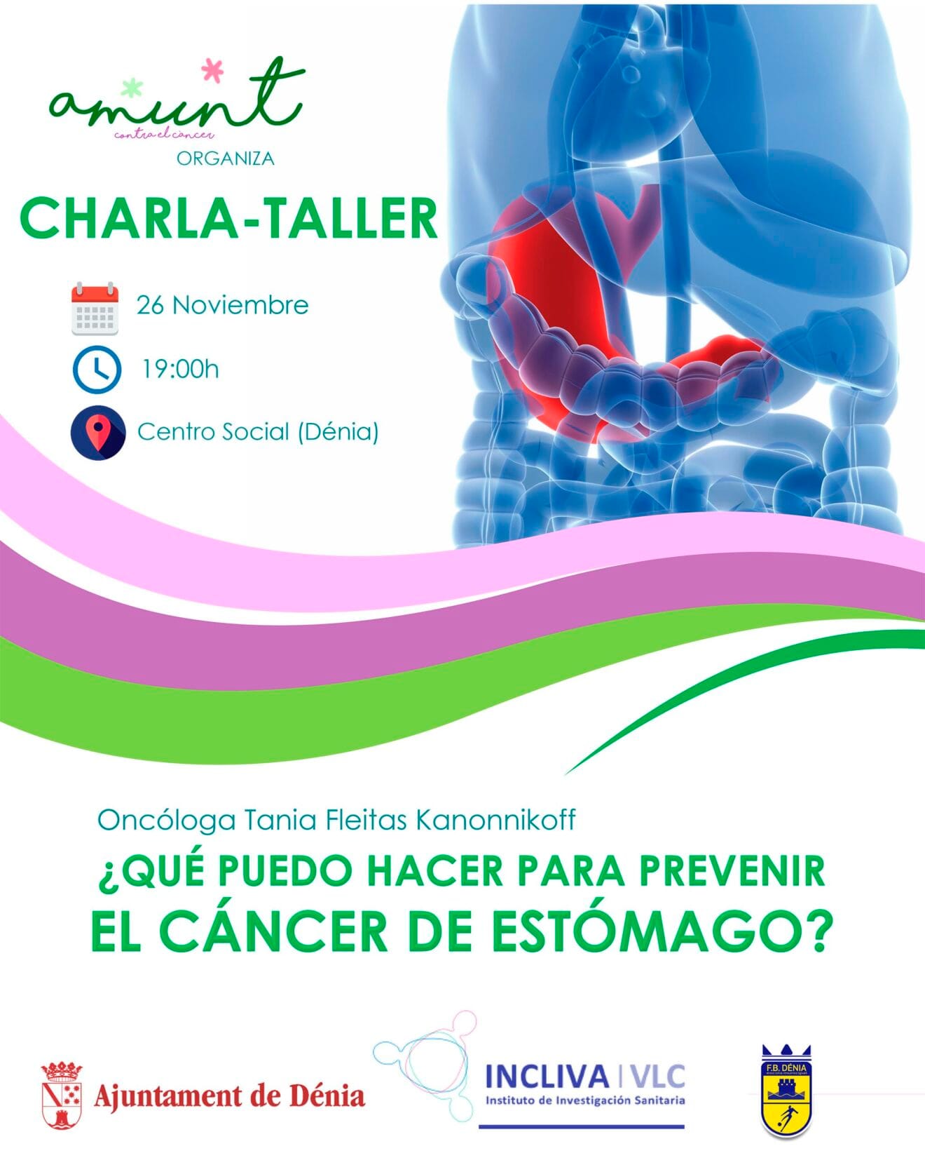 Cartel taller '¿Qué puedo hacer para prevenir el cáncer de estómago' de Amunt Contra el Càncer