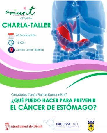 Cartel taller ‘¿Qué puedo hacer para prevenir el cáncer de estómago’ de Amunt Contra el Càncer