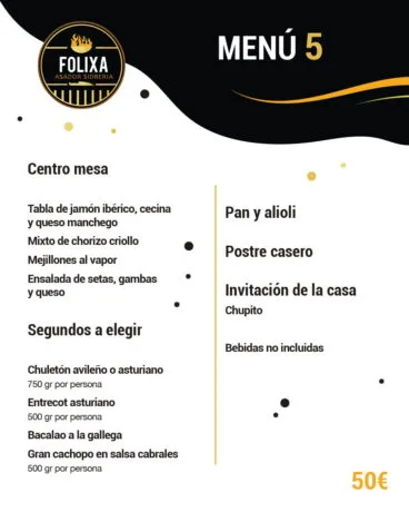 Menú 5 de empresa por 50€ – Folixa Asador Sidrería