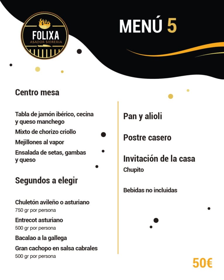 Menú 5 de empresa por 50€ - Folixa Asador Sidrería