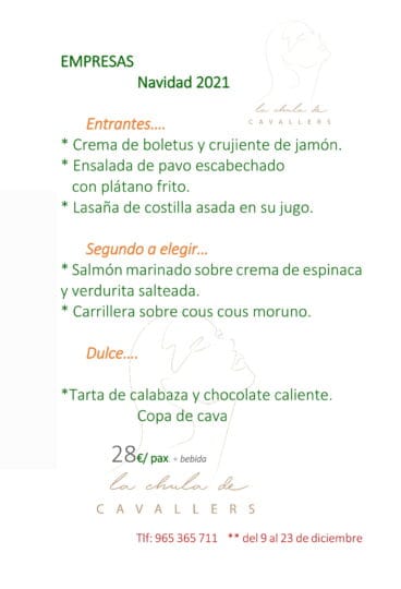 Menu de empresa por 28€ en La Chula de Cavallers