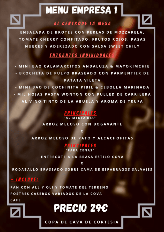 menu de empresa por 29e en cova talla