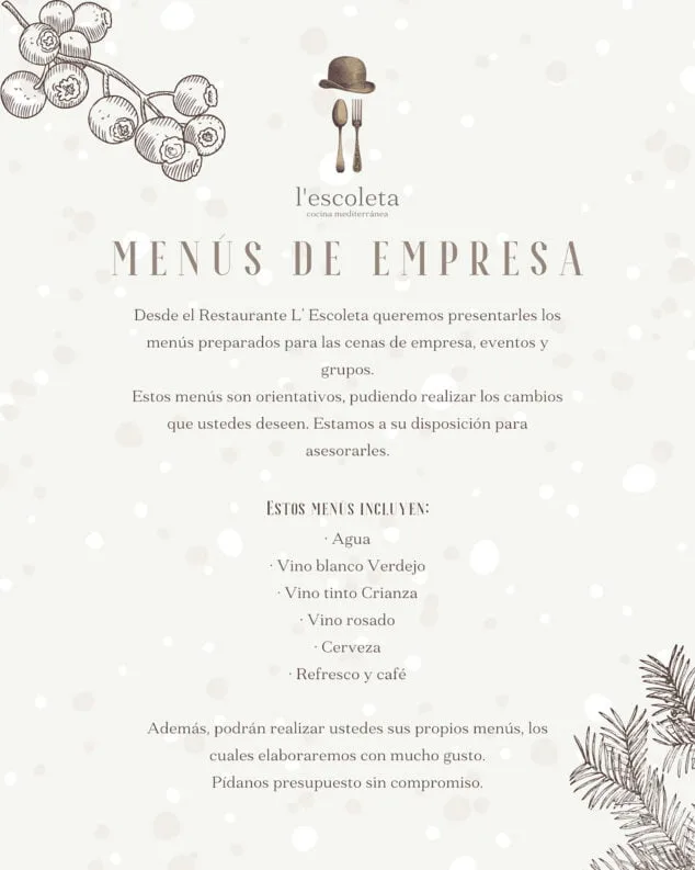 Celebra tu cena de empresa estas Navidades con uno de los cuatro fantásticos menús que ofrece L'Escoleta 1 Imagen: Menús de empresa en L'Escoleta