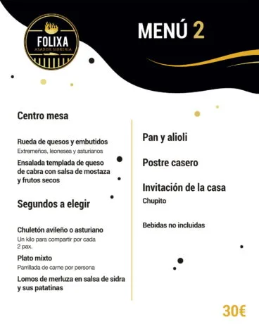 Menú 2 de empresa por 30€ – Folixa Asador Sidrería
