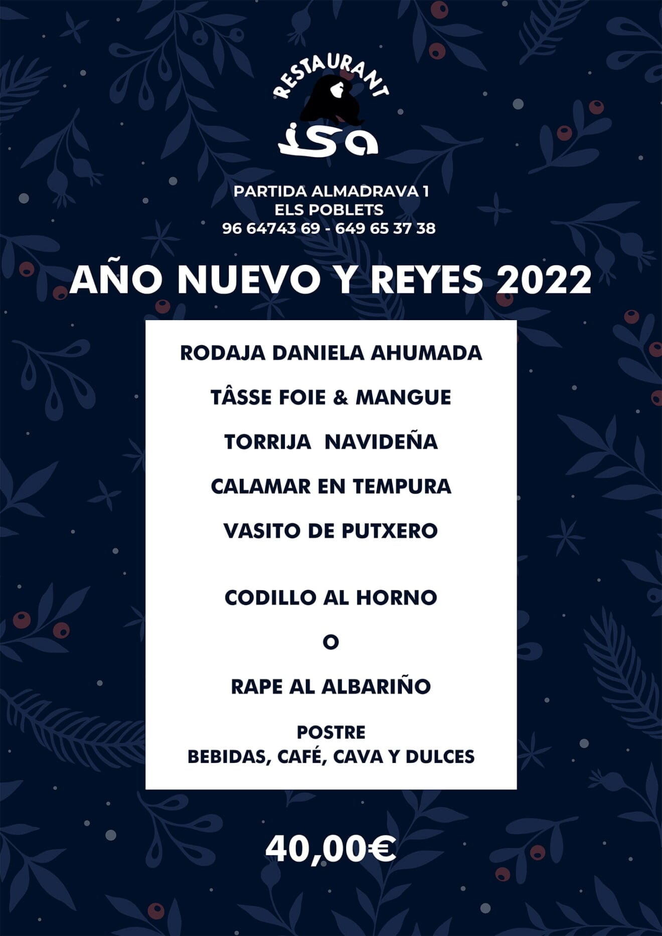 Menú de Año Nuevo y Reyes en Restaurante Isa