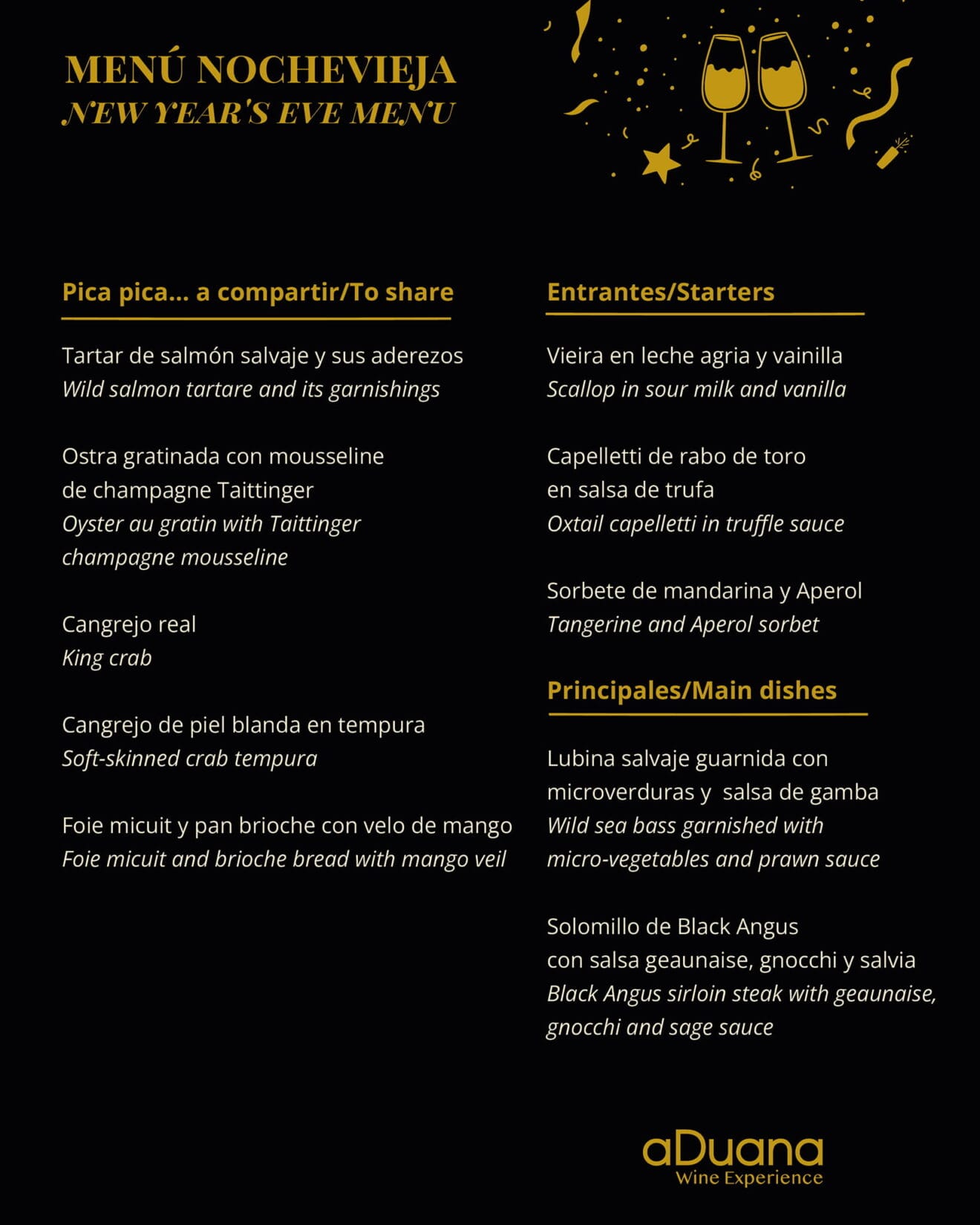 Menú Nochevieja en Aduana
