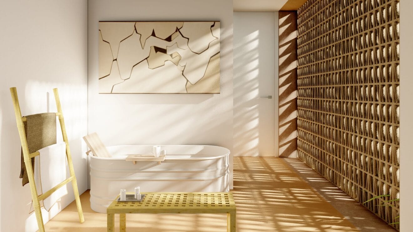 Baño abierto con bañera ovalada de Casa Benimaquia - QB Arquitectos