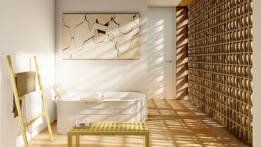 Baño abierto con bañera ovalada de Casa Benimaquia – QB Arquitectos