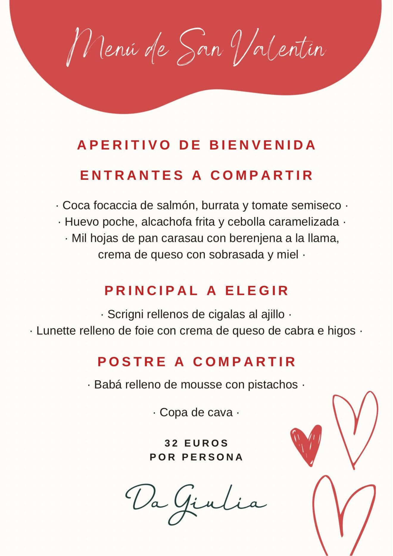 Menú de San Valentín de Restaurante Da Giulia