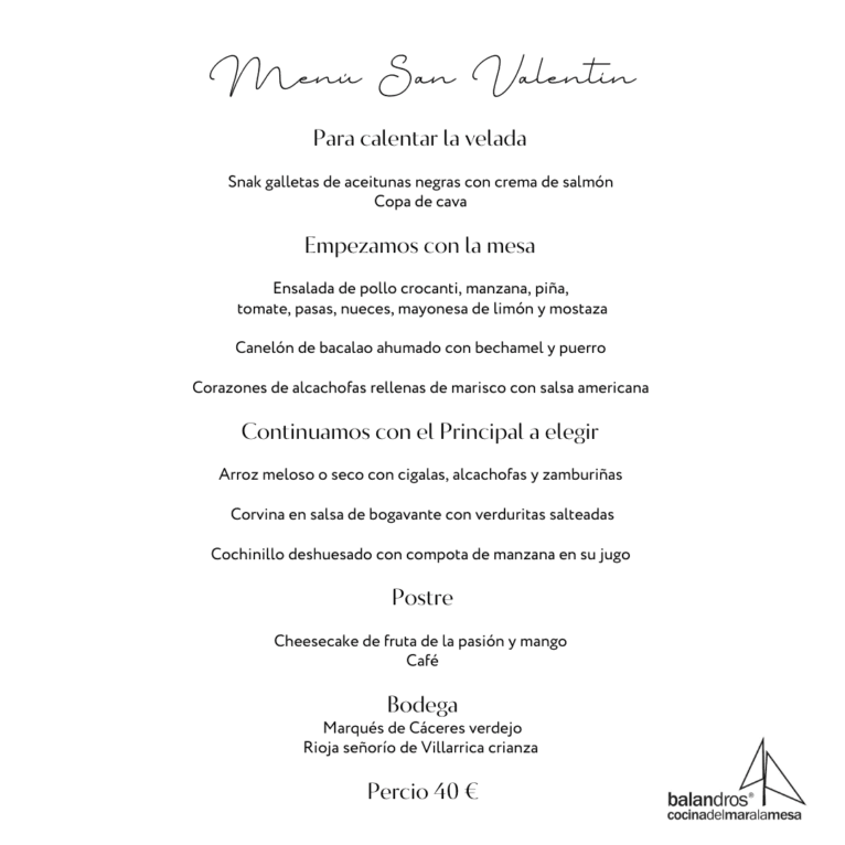 Menú de San Valentín del restaurante Balandros