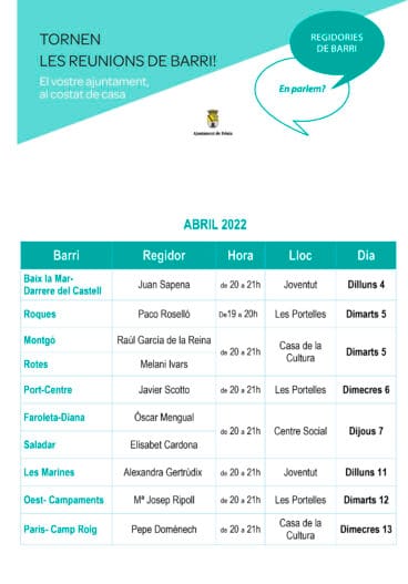 Cartel  de las reuniones de barrio del mes de abril de 2022