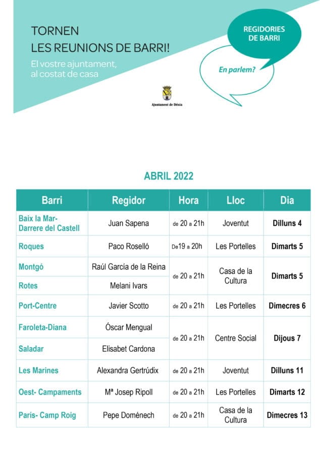 Imagen: Cartel  de las reuniones de barrio del mes de abril de 2022