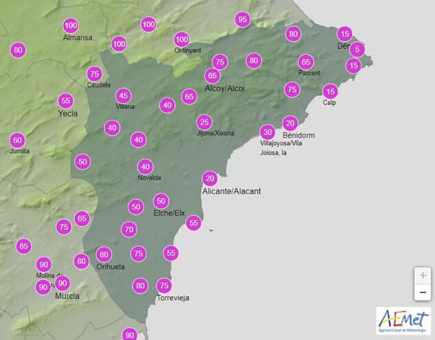 Imagen: Probabilidad de precipitación AEMET para el jueves 24 de marzo 2022