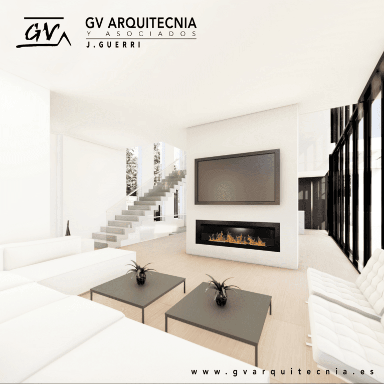 Salón de la vivienda con chimenea integrada en la pared