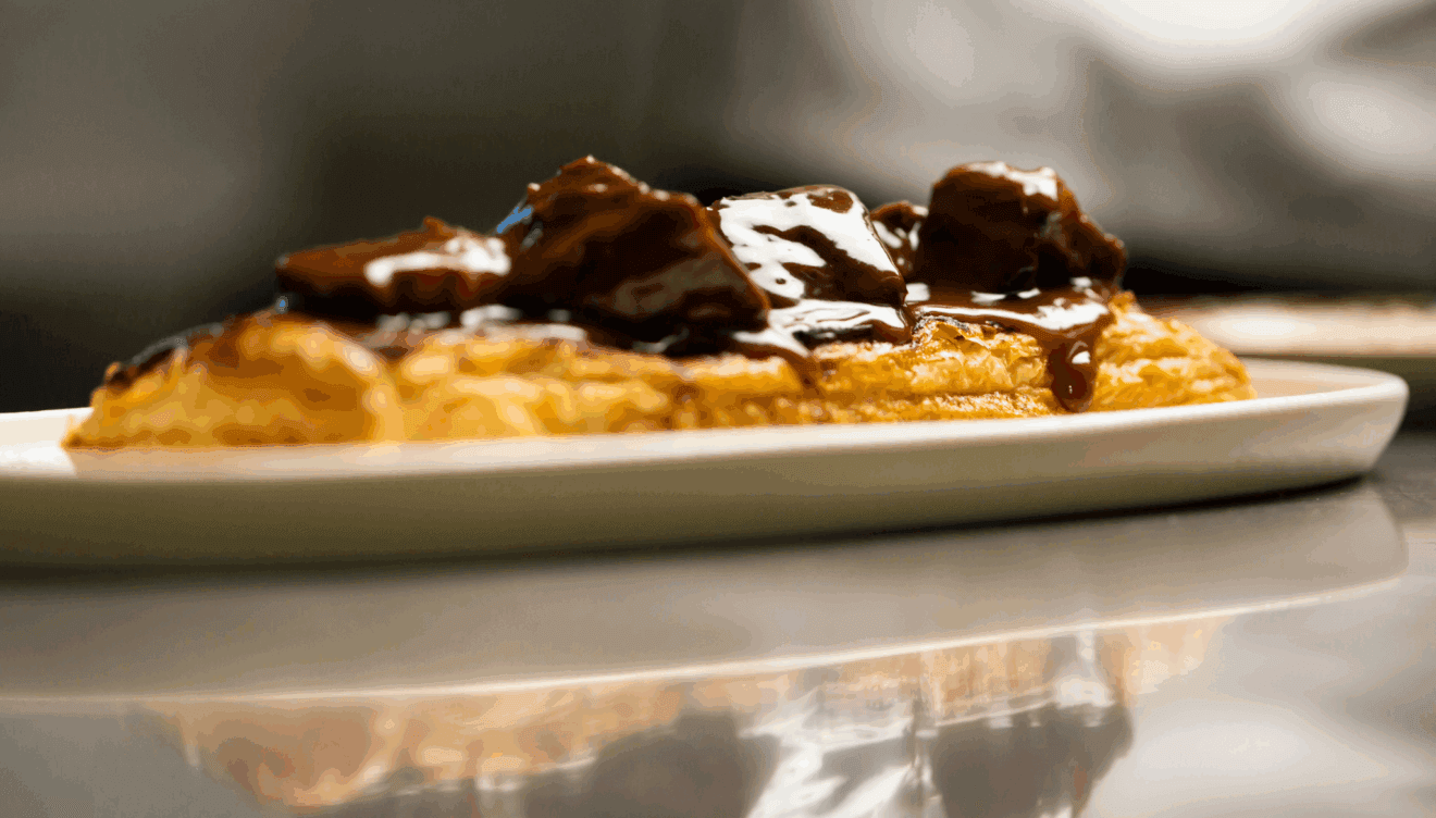 Tarta de hojaldre y manzana con guiso de carrillera