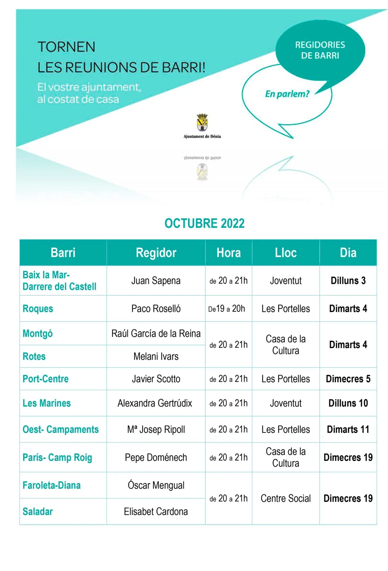 Calendario de reuniones de barrio en Dénia de junio