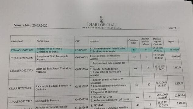 Imagen: Extracto del DOGV con la cantidad de la ayuda