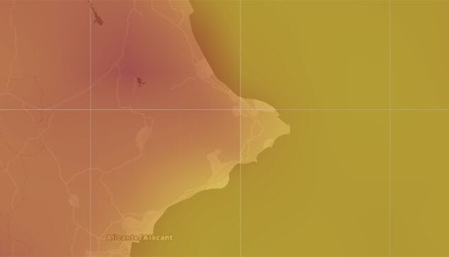 Récord de temperaturas en Dénia: ¿cuándo alcanzaremos los 30º en esta ola de calor? 1 Imagen: Mapa de temperaturas para la tarde del domingo en Dénia