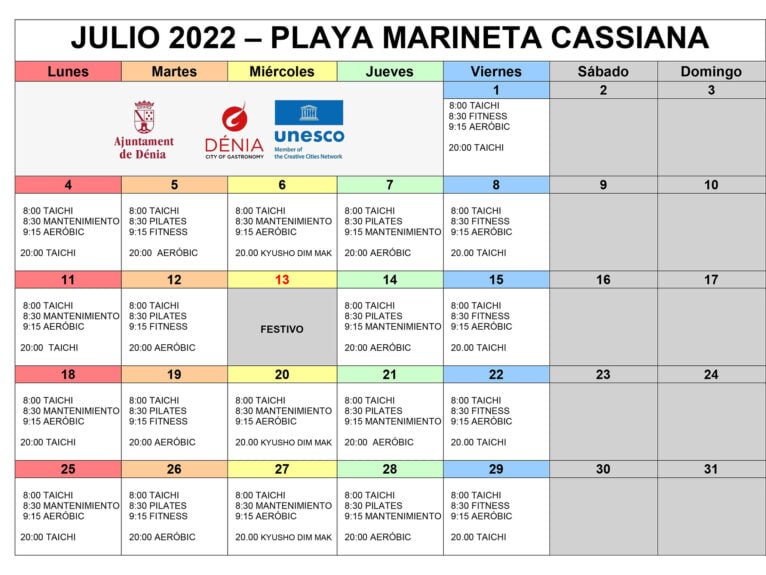 Calendari d'Esport a la platja 2022 per a juliol a la Marineta Cassiana