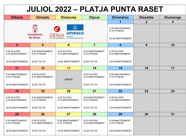 Calendario de Esport a la platja 2022 para julio en Punta del Raset
