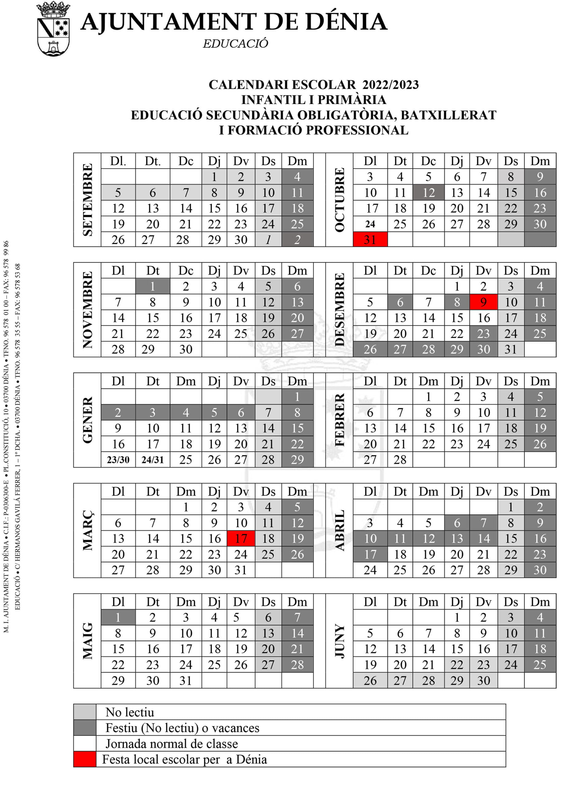 Calendario escolar de Dénia del curso 2022-2023