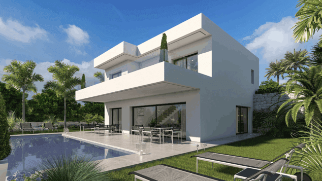 fachada de la vivienda con piscina minimalista