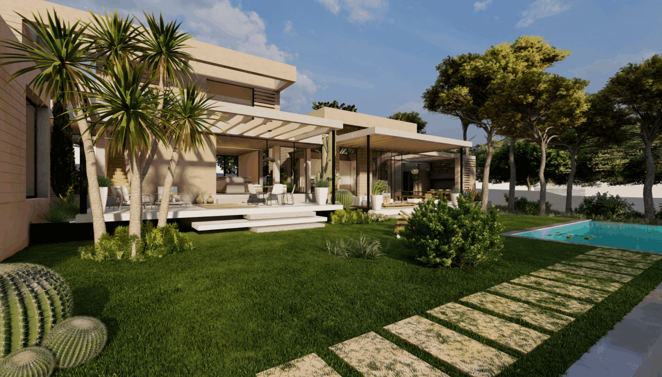 Jardín de la vivienda rodeado de pinos
