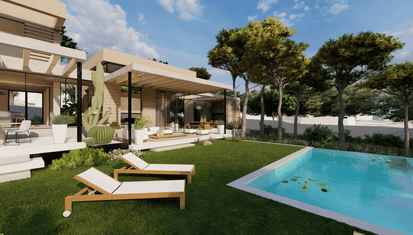 Zona de la piscina rodeada de vegetación