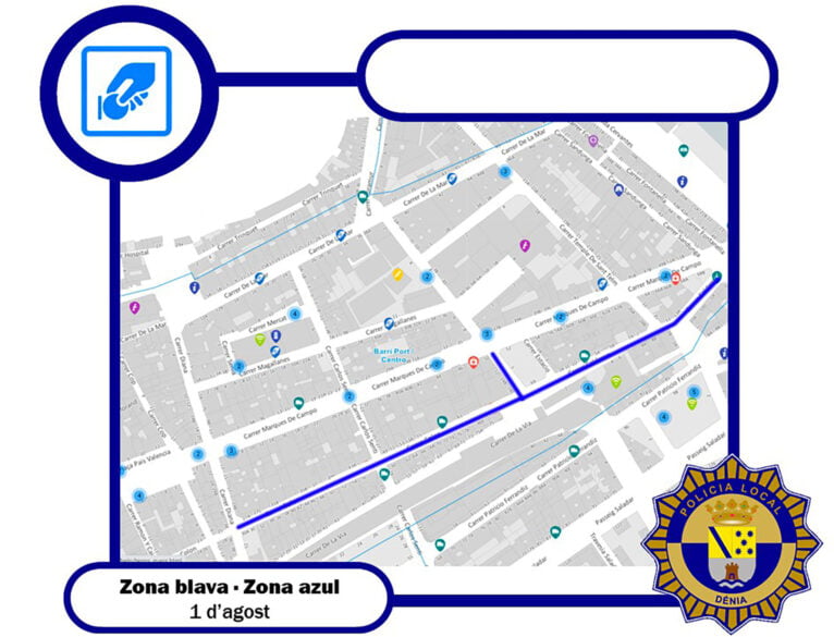 Carte des nouvelles zones bleues pour se garer à Dénia