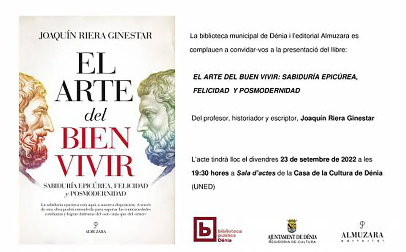 Cartel de la presentación del libro El arte del buen vivir- sabiduría epicúrea, felicidad y posmodernidad
