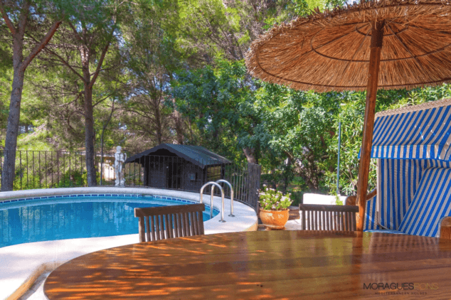 conjunto de exterior junto a la piscina con sombrillas de mimbre