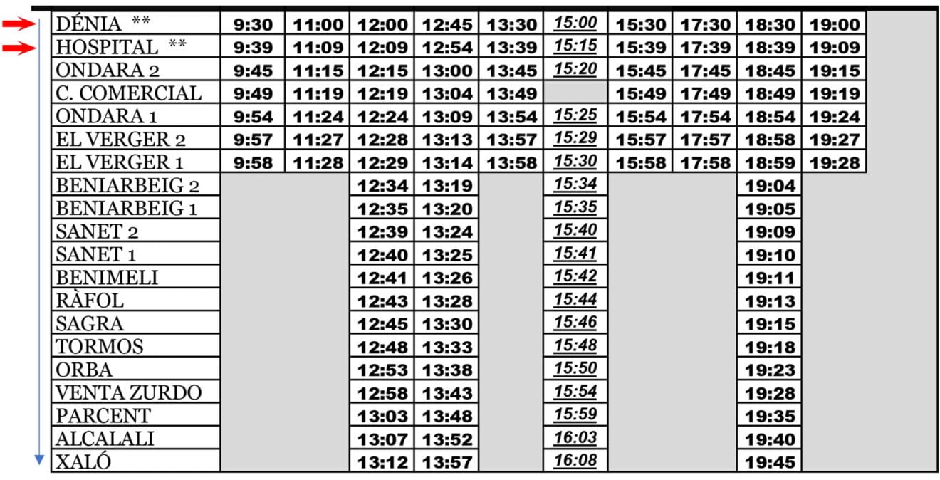Horario de autobús Dénia a Xaló de lunes a viernes