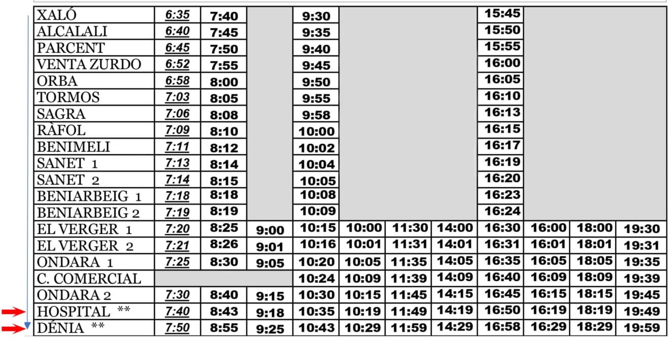 Horario de autobús Xaló a Dénia de lunes a viernes