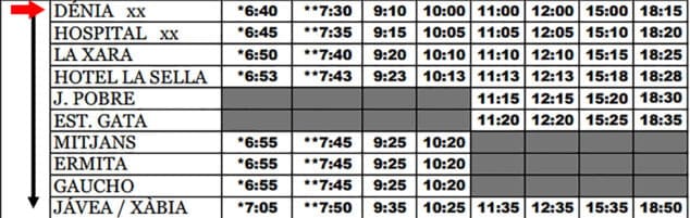Imagen: Horarios autobús Dénia a Xàbia