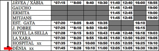 Imagen: Horarios autobús Xàbia a Dénia
