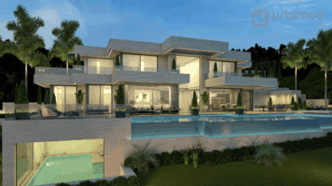 fachada de villa zafiro con dos piscinas y vistas al mar