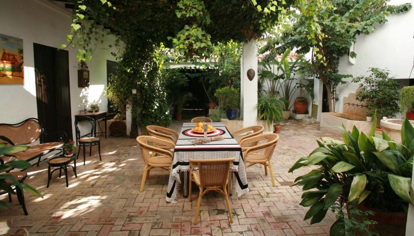 Patio interior estilo mediterráneo rodeado de naturaleza