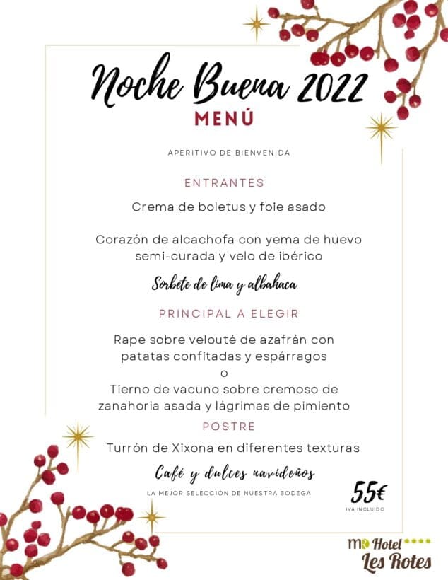Descubre los fantásticos menús que ha elaborado Hotel Les Rotes para estas fiestas 2 Imagen: Menú Nochebuena 2022 de Hotel Les Rotes