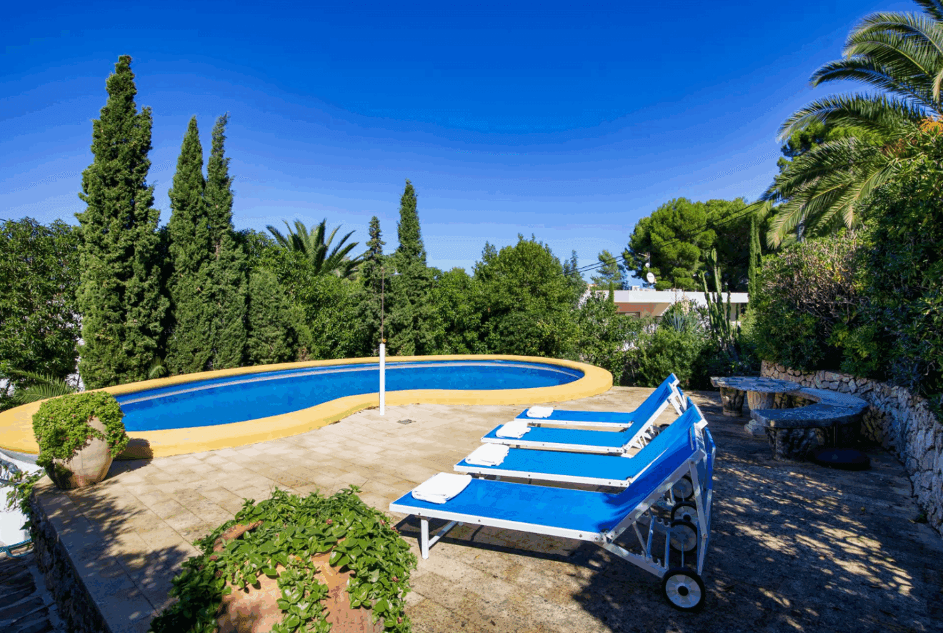 Piscina con hamacas rodeada de naturaleza