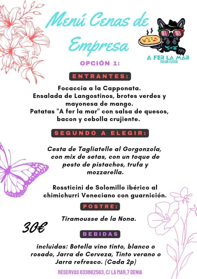 menu cenas de empresa en a fer la mar