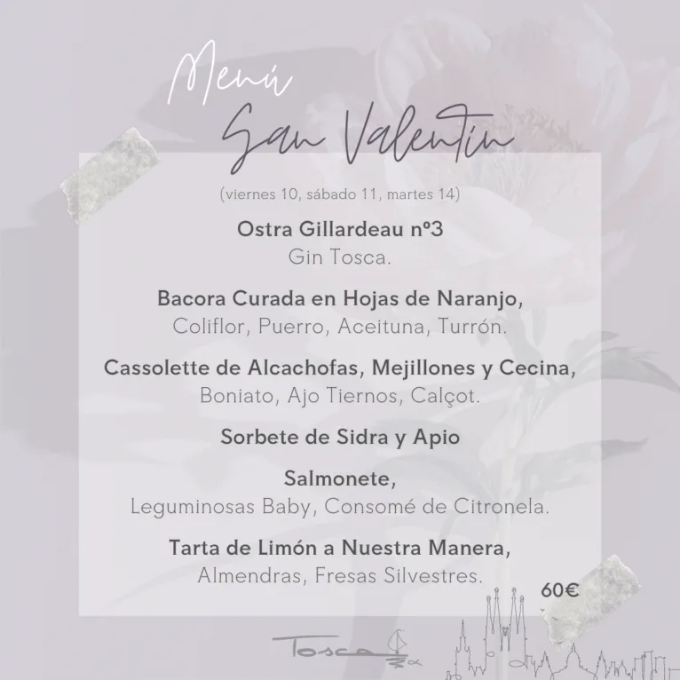 Menú de San Valentín Restaurante Tosca