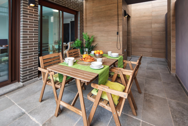 Modern terrace with extendable awning