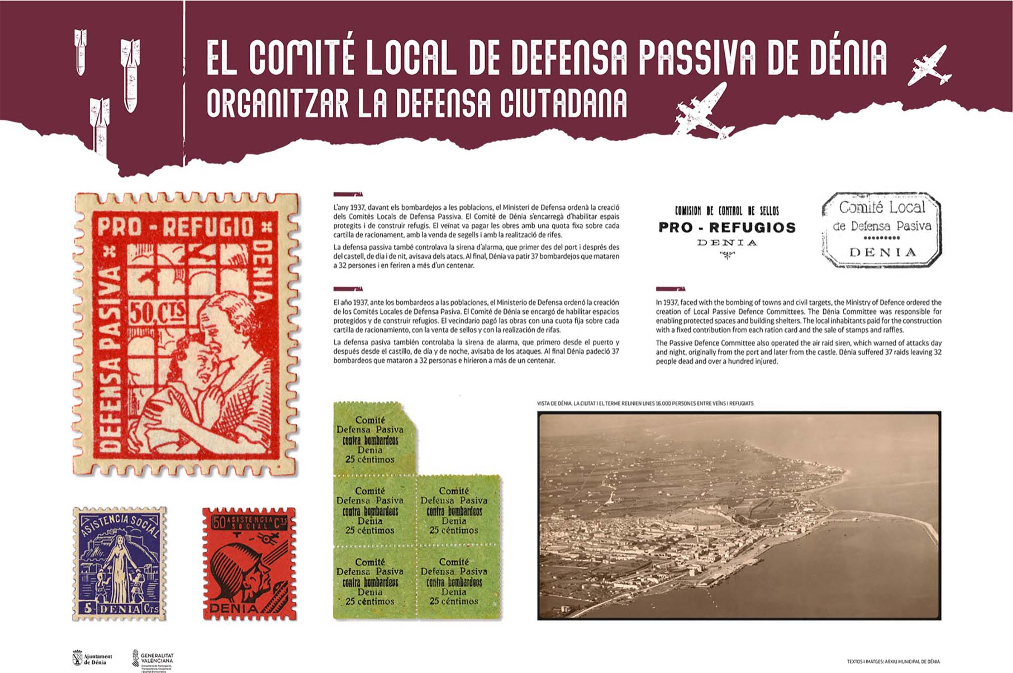 Cartel con la historia de la defensa de Dénia contra los ataques aéreos de la Guerra Civil, robado del túnel del Castillo