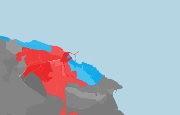 Imagen: Mapa de Dénia con el color del partido político más votado en cada barrio