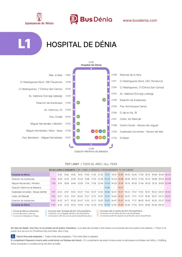Autobús de Dénia al Hospital: Todo sobre la ruta L1, horarios y abonos 5 Imagen: Plano de ruta circular y tabla de horarios de la línea L1 de Bus Dénia con trayecto al Hospital, la Estación de Autobuses y la Estación Marítima de Baleària